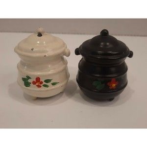 Vintage Cast Iron Pot CROCK Salt & Pepper Shakers Black White Hand Painted